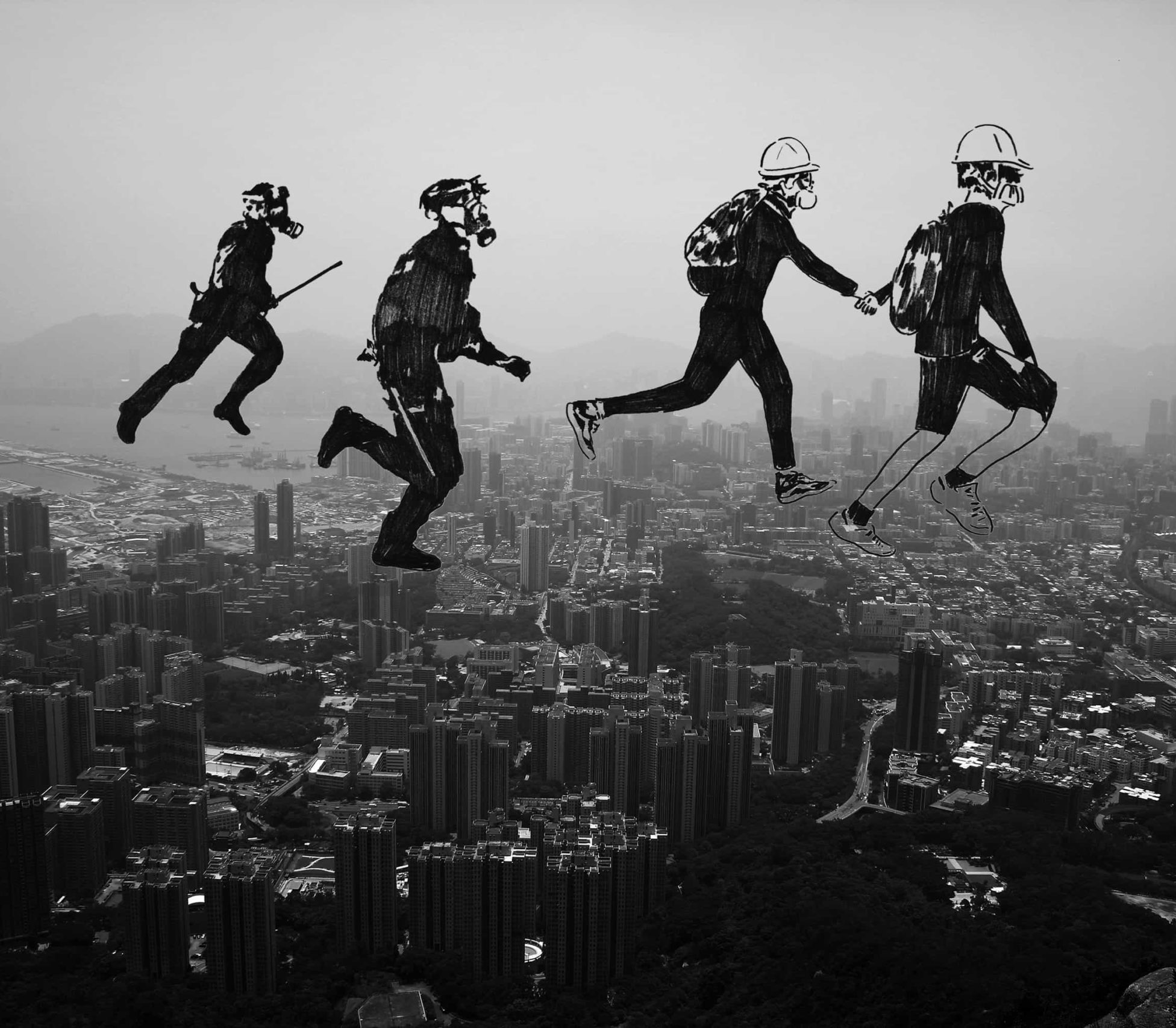 Illustrated protesters running on top of the Hong Kong Skyline